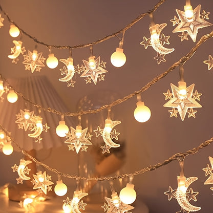 سلسلة إضاءة مكونة من 10 مصابيح LED، تتميز بنجوم وأقمار وكرات بيضاء صغيرة خاصة بشهر رمضان. تُعد سلسلة الإضاءة الرمضانية هذه مناسبة لعيد الحب، ورمضان، وعيد الفطر، وغرف النوم، والمنازل، والجدران، وحفلات أعياد الميلاد، وحفلات الزفاف.