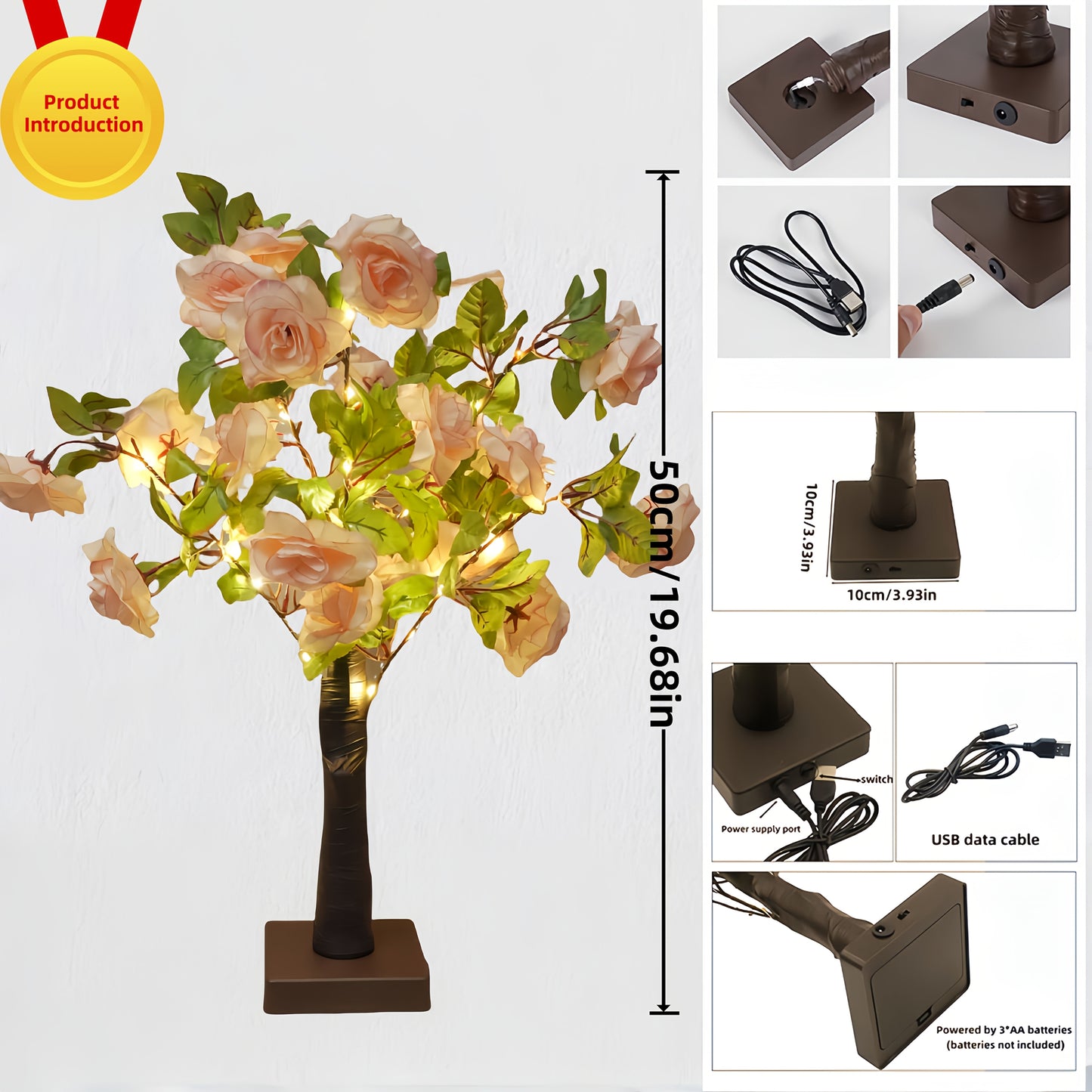Artificial Rose Tree Lamp – USB-Powered Floral Light with Soft Glow, Elegant Wedding & Home Decor Centerpiece