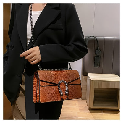 Women’s Luxury Crocodile-Embossed Crossbody Bag – Vintage Faux Leather Shoulder Purse with Adjustable Chain Strap, Zipper & Snap Closure, G-Style Design