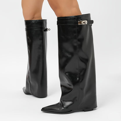 Women's Western Cowboy Boots – Chunky Heel, Pointed Toe, Buckle Detail & Slip-Resistant Sole, Stylish All-Season White Boots