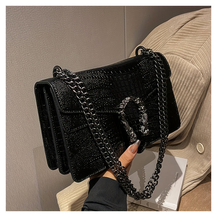 Women’s Luxury Crocodile-Embossed Crossbody Bag – Vintage Faux Leather Shoulder Purse with Adjustable Chain Strap, Zipper & Snap Closure, G-Style Design
