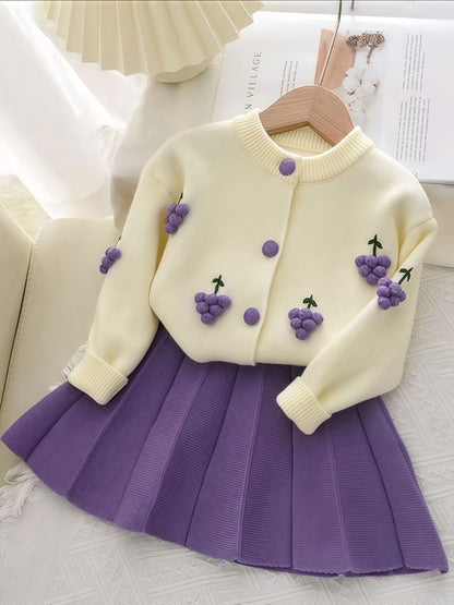 Girls’ 2-Piece Furry Fruit Sweater & Pleated Skirt Set – Cozy Purple Knitwear Outfit for Daily Wear or Parties in Autumn/Winter