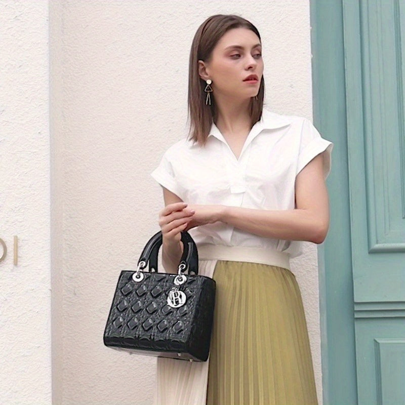 Women’s Elegant Structured Handbag – Golden-Tone Hardware Tote & Crossbody Bag with Magnetic Closure and Wrist Strap for Casual or Formal Events