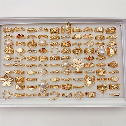 33-Piece Large Flower Ring Set for Women – Mixed Hollow Designs with Colorful Rhinestones & Irregular Heart Shapes, Perfect for Parties & Friendship Gifts