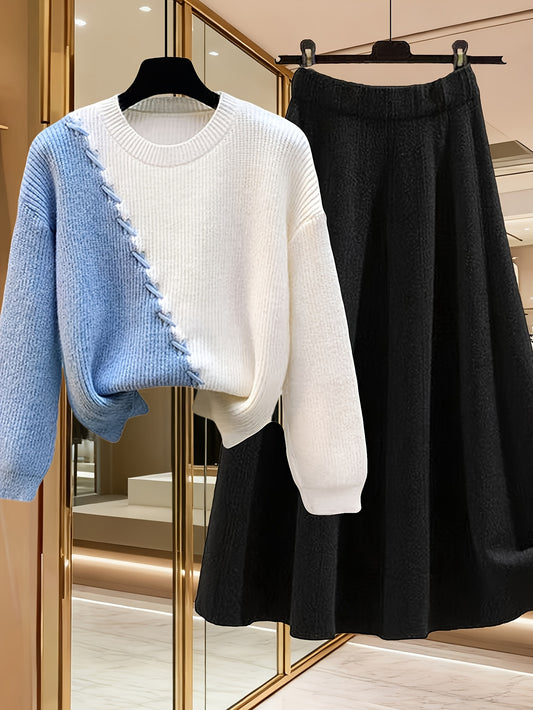 Women’s Autumn & Winter Knitwear Two-Piece Set – Fashionable Sweater Top with Loose Skirt