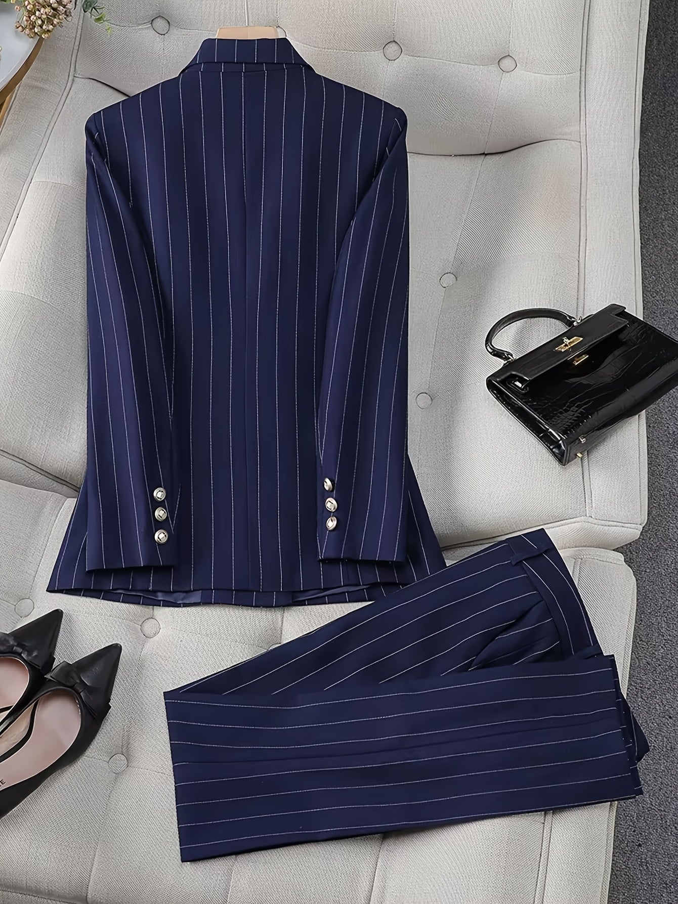 Blue Striped Women's Two-Piece Suit with Double-Breasted Business Casual Office Pants Set
