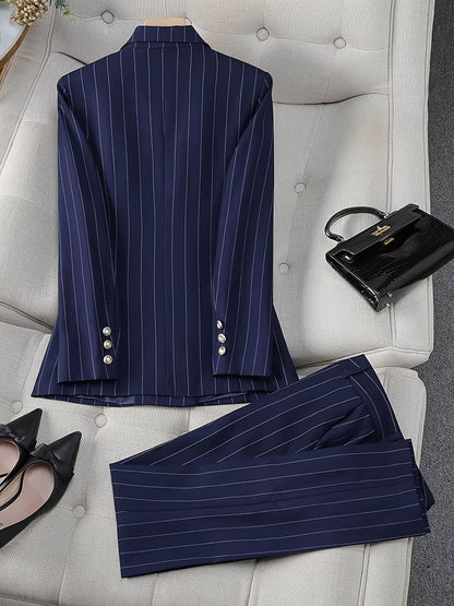 Blue Striped Women's Two-Piece Suit with Double-Breasted Business Casual Office Pants Set