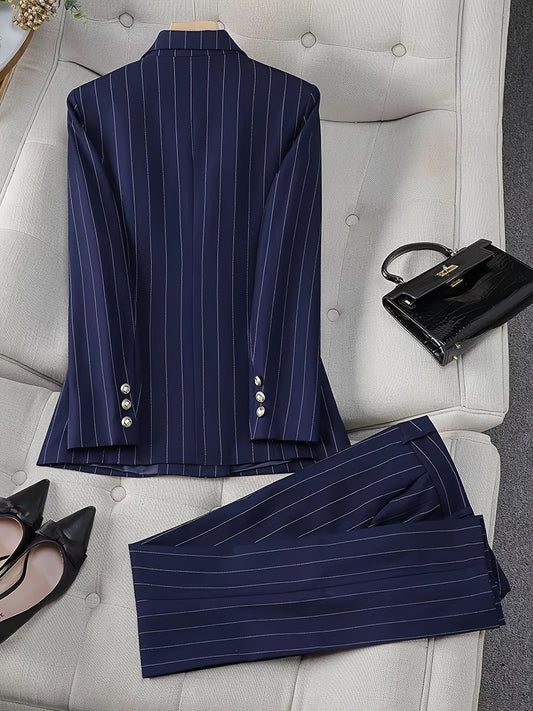 Blue Striped Women's Two-Piece Suit with Double-Breasted Business Casual Office Pants Set