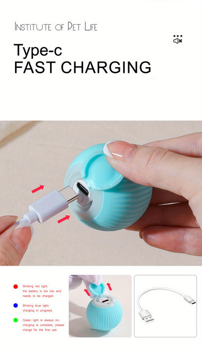 MIAOQUANJI USB-Rechargeable Automatic Cat Ball – Motion-Activated Rolling Toy with Glow-in-the-Dark Light, Durable Silicone Design (Blue)