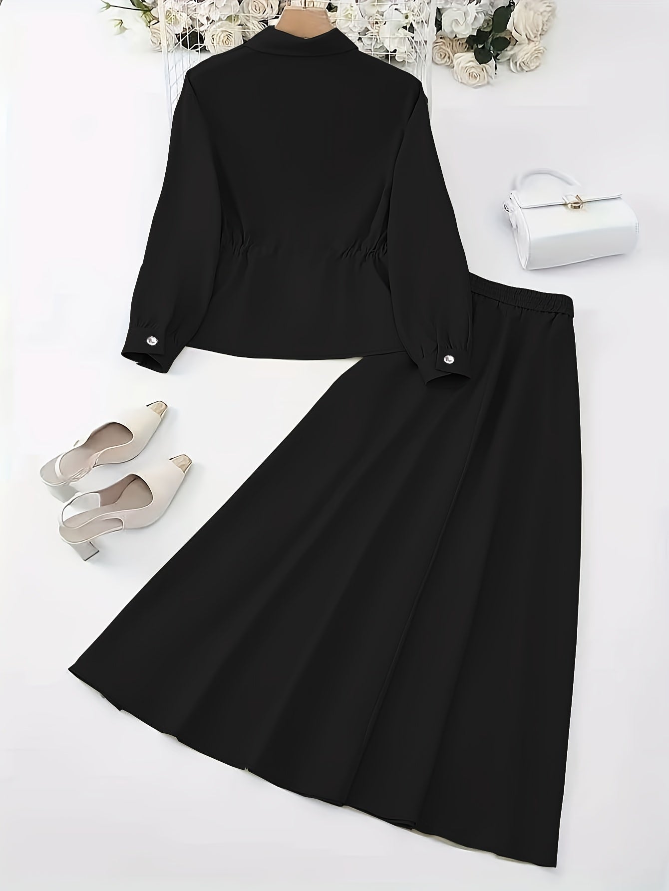 Elegant Women’s Drawstring Waist Top & Skirt Set – Spring/Autumn Collection