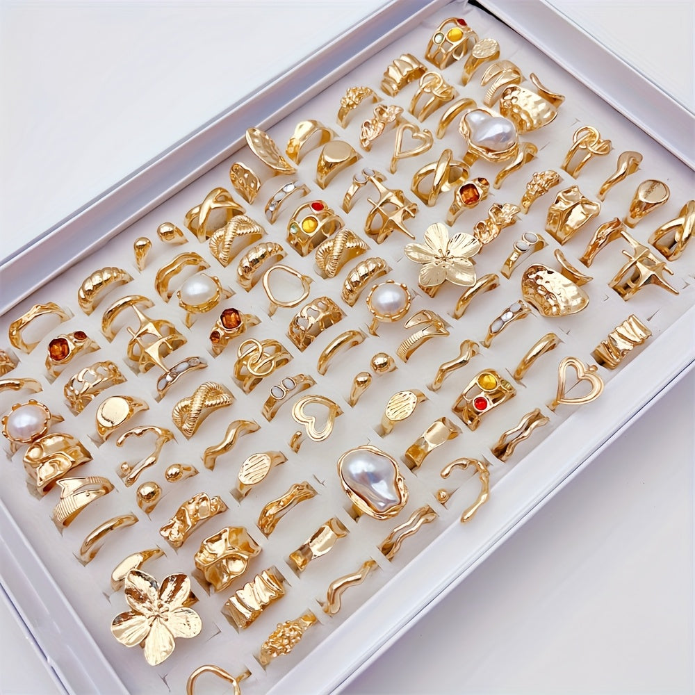 33-Piece Large Flower Ring Set for Women – Mixed Hollow Designs with Colorful Rhinestones & Irregular Heart Shapes, Perfect for Parties & Friendship Gifts