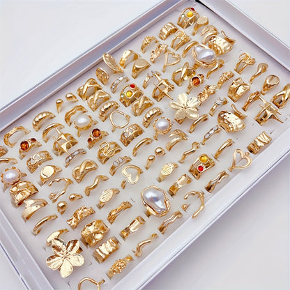 33-Piece Large Flower Ring Set for Women – Mixed Hollow Designs with Colorful Rhinestones & Irregular Heart Shapes, Perfect for Parties & Friendship Gifts