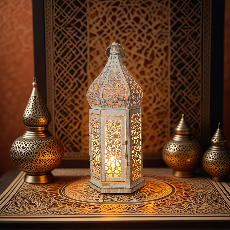 قطعتان من الشمعدانات المعدنية المغربية الكلاسيكية - حامل شموع ورف للمدفأة، مناسبان لتزيين المنزل. [الشموع غير متضمنة]