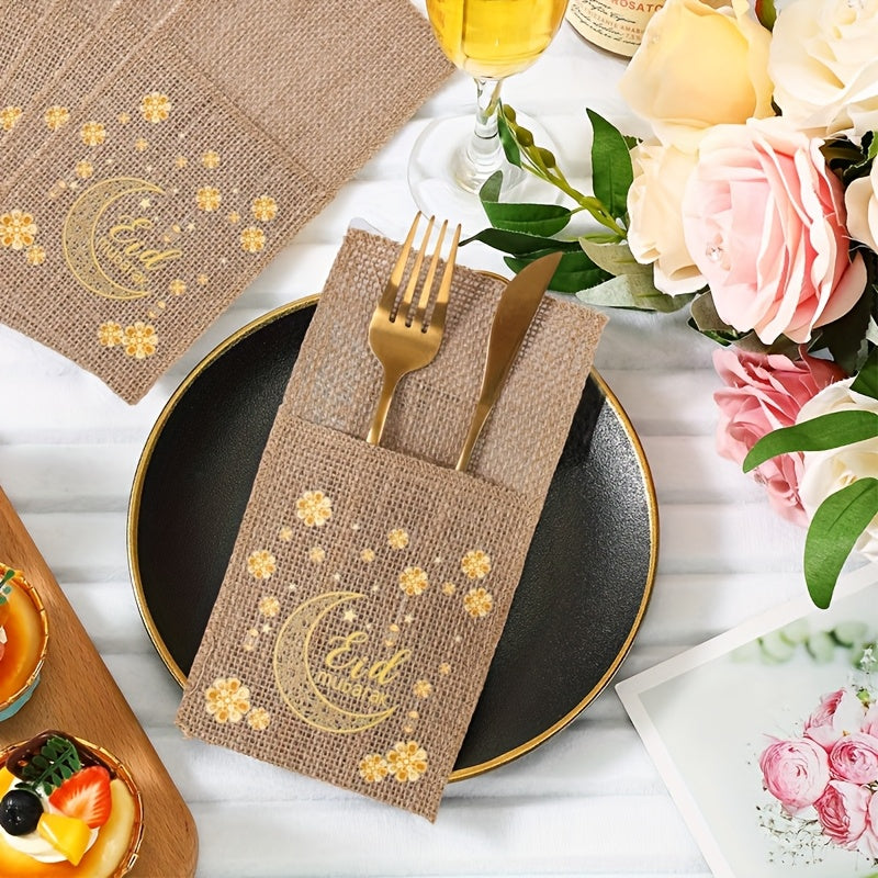 Set of 5 Burlap Bags Featuring Flowers, Perfect for Eid And Ramadan. These Bags Can Hold Knives And Forks And Serve As Festive Decorations for Your Home, Ideal for Islamic Muslim Gatherings And Tableware