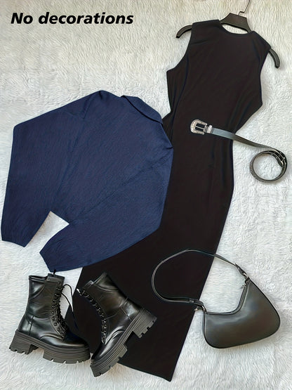 طقم بليزر وفستان نسائي من مجموعة Y2K بألوان متعددة - جاكيت أزرق بأكمام طويلة وسحاب مع فستان بيج بدون أكمام بقصة ضيقة، مناسب للمكتب والشارع في الربيع/الخريف