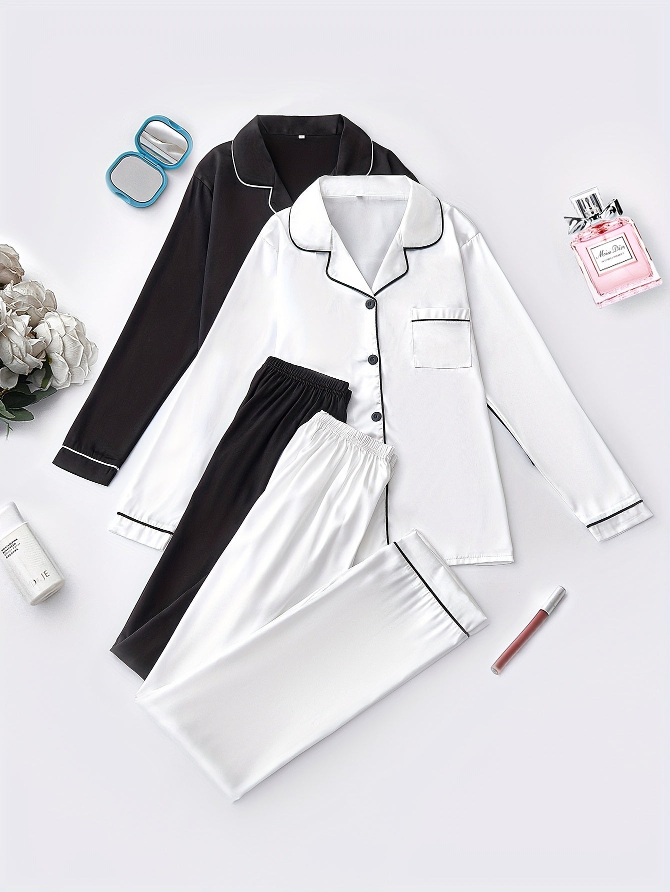 Women’s 2-Set Satin Pajama Collection – Long-Sleeve & Long-Pants Solid Color Sleepwear with Turned Collar and Elegant Button Detailing for Autumn/Winter