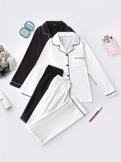 Women’s 2-Set Satin Pajama Collection – Long-Sleeve & Long-Pants Solid Color Sleepwear with Turned Collar and Elegant Button Detailing for Autumn/Winter