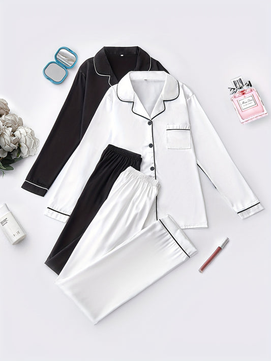 Women’s 2-Set Satin Pajama Collection – Long-Sleeve & Long-Pants Solid Color Sleepwear with Turned Collar and Elegant Button Detailing for Autumn/Winter