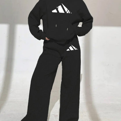 Women’s Winter Hooded Sweatshirt & Jogger Set – Casual Pullover with Letter Print, Pockets & Drawstring Waist