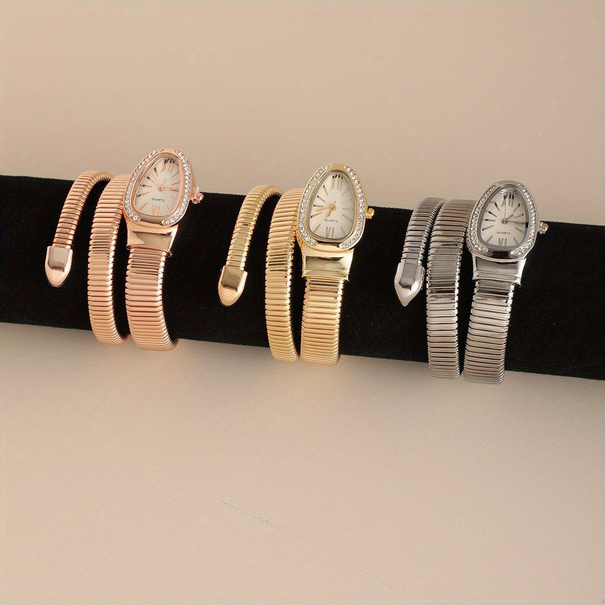 Women’s Snake-Shaped Wrap Watch with Crystals – Elegant Golden & Rose Gold Metal Band, Oval Dial, Quartz Movement, Sophisticated Fashion Timepiece