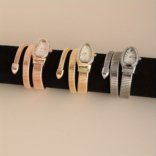 Women’s Snake-Shaped Wrap Watch with Crystals – Elegant Golden & Rose Gold Metal Band, Oval Dial, Quartz Movement, Sophisticated Fashion Timepiece