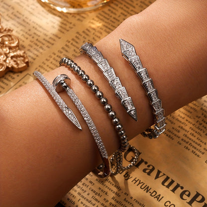 Exquisite Luxury Women'S Jewelry Set of 3, Elegant Style with Copper Plated Golden Inlaid Synthetic Zirconia Design Featuring Snake-Shaped Open Bracelet, Nail-Shaped Bracelet, and Round Bead Bracelet Suitable for Daily Wear a