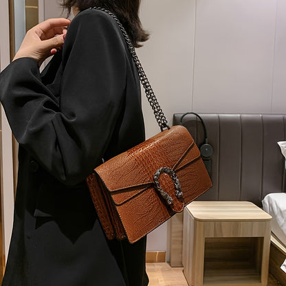 Women’s Luxury Crocodile-Embossed Crossbody Bag – Vintage Faux Leather Shoulder Purse with Adjustable Chain Strap, Zipper & Snap Closure, G-Style Design