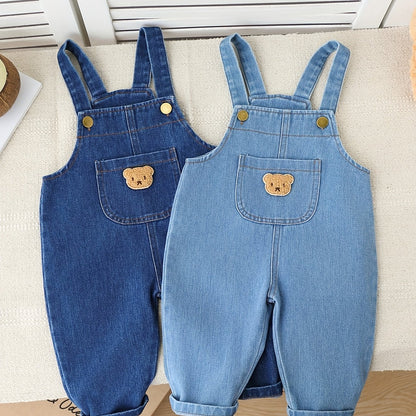 2-Piece Baby Boys’ Faux Denim Overalls – Adjustable Strap Rompers with Cute Bear Pockets, Regular-Fit All-Season Outfit for Outdoor Play