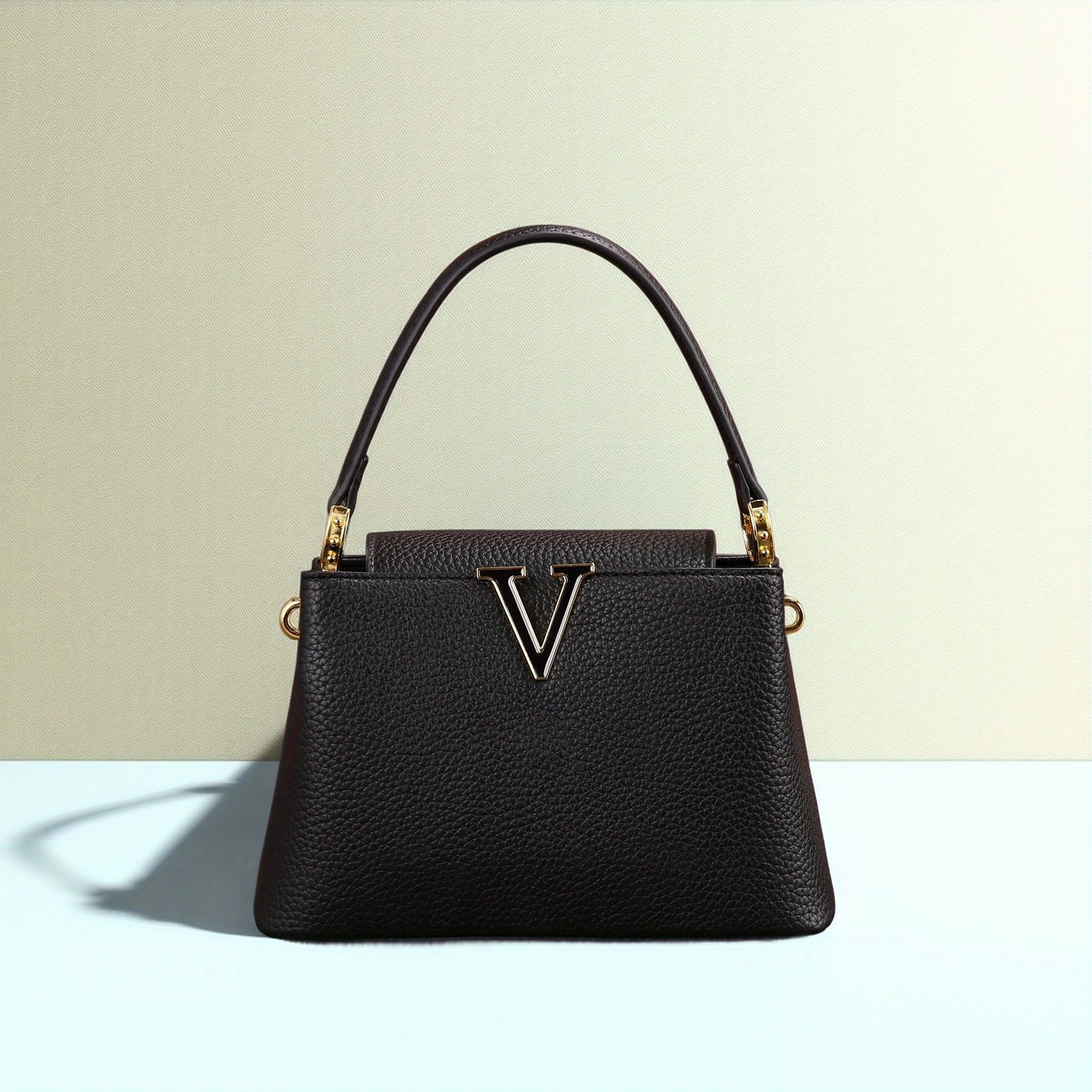 Women’s Elegant V-Logo Handbag – Textured Grained Leather Purse with Golden-Tone Hardware & Detachable Strap, Perfect for Everyday or Formal Wear