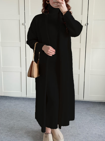 طقم نسائي أنيق لفصل الخريف والشتاء، مكون من جاكيت بأكمام طويلة وفتحة رقبة مستديرة، بلون سادة