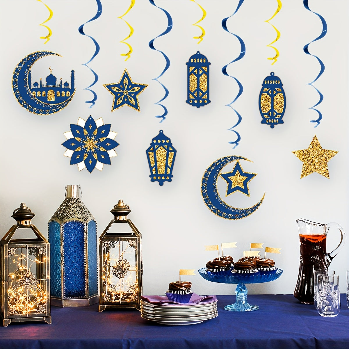 16pcs Islamic Ramadan & Eid Al-Fitr Ceiling Decorations Suitable for Muslim Parties - Elegant Islamic Spiral Stairs with & Islamic Motifs, Ceiling Hanging Ornaments for Ramadan, Eid, Muslim (Paper)