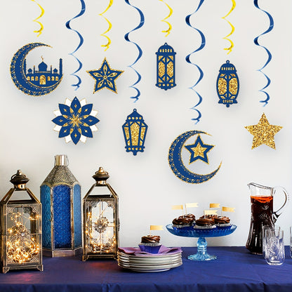 16pcs Islamic Ramadan & Eid Al-Fitr Ceiling Decorations Suitable for Muslim Parties - Elegant Islamic Spiral Stairs with & Islamic Motifs, Ceiling Hanging Ornaments for Ramadan, Eid, Muslim (Paper)