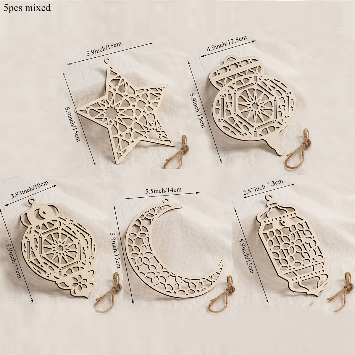 5pcs/set Eid Mubarak Wooden Hanging Ornaments Hollowed Moon Star Pendant for Ramadan Eid al-Fitr Party Decoration DIY Painting Gifts