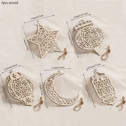 5pcs/set Eid Mubarak Wooden Hanging Ornaments Hollowed Moon Star Pendant for Ramadan Eid al-Fitr Party Decoration DIY Painting Gifts