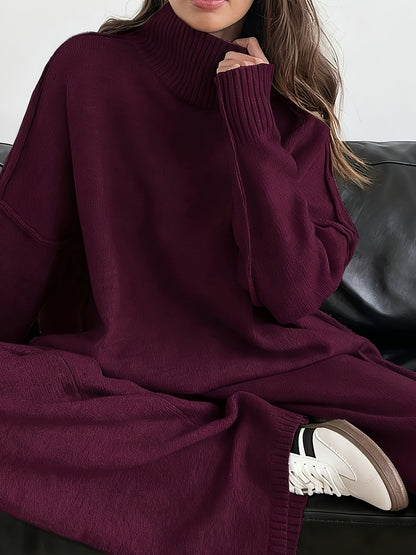 طقم نسائي شتوي محبوك من قطعتين - بلوفر أنيق بياقة عالية وأكمام طويلة وبنطال طويل متناسق، مظهر بسيط وعصري