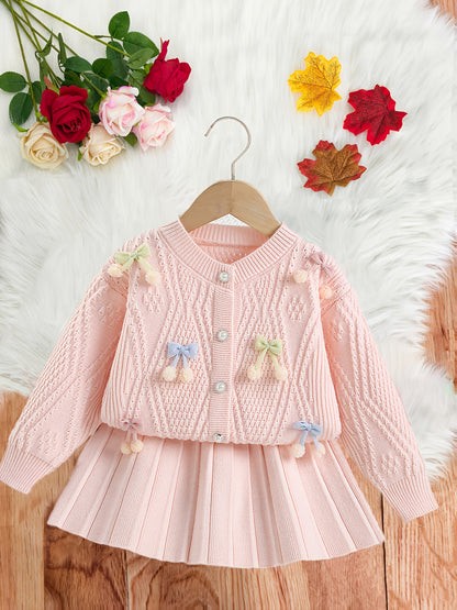Girls’ Adorable Knit Cardigan & Pleated Skirt Set – Cozy Winter 2-Piece Outfit for Toddlers & Kids (8M–8Y)