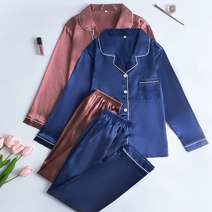 Women’s 2-Set Satin Pajama Collection – Long-Sleeve & Long-Pants Solid Color Sleepwear with Turned Collar and Elegant Button Detailing for Autumn/Winter