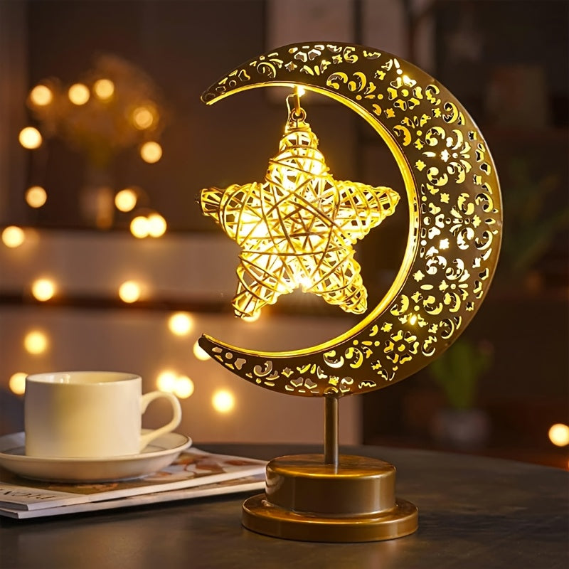 [Boho Star Night Light] Shenzhi Tech Star & Moon Metal Rattan Night Light | Decorative LED Lamp with Golden Crescent Moon & Star Design, Perfect for Bedroom, Kitchen Table, or Desk Decor, Boho Home Ambient Lighting, Table Lam