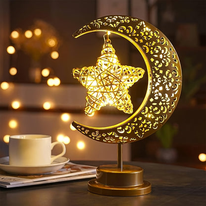 [Boho Star Night Light] Shenzhi Tech Star & Moon Metal Rattan Night Light | Decorative LED Lamp with Golden Crescent Moon & Star Design, Perfect for Bedroom, Kitchen Table, or Desk Decor, Boho Home Ambient Lighting, Table Lam