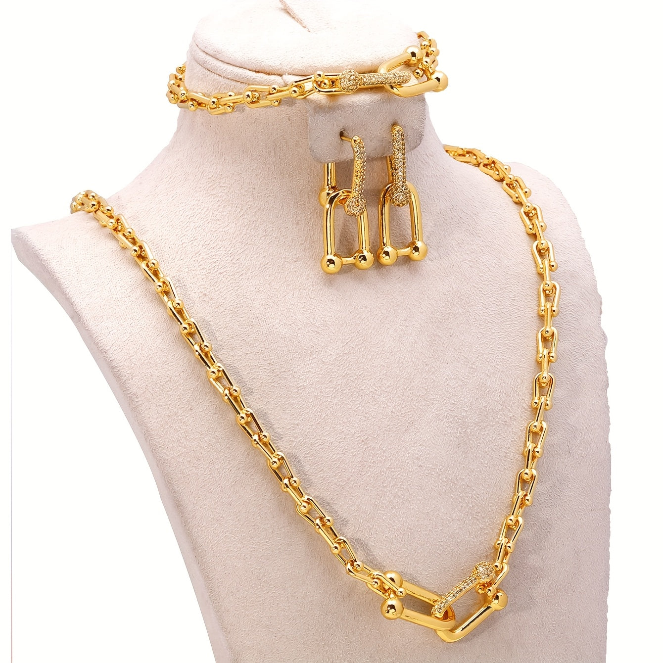 Women’s Elegant Interlocking Micro-Inlay Jewelry Set – Earrings, Necklace & Bracelet with Chain Design, Light Luxury Style for Weddings & Valentine’s Day