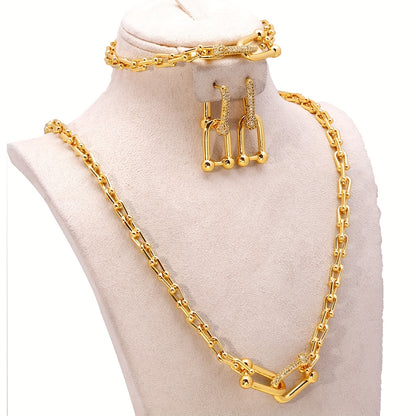 Women’s Elegant Interlocking Micro-Inlay Jewelry Set – Earrings, Necklace & Bracelet with Chain Design, Light Luxury Style for Weddings & Valentine’s Day