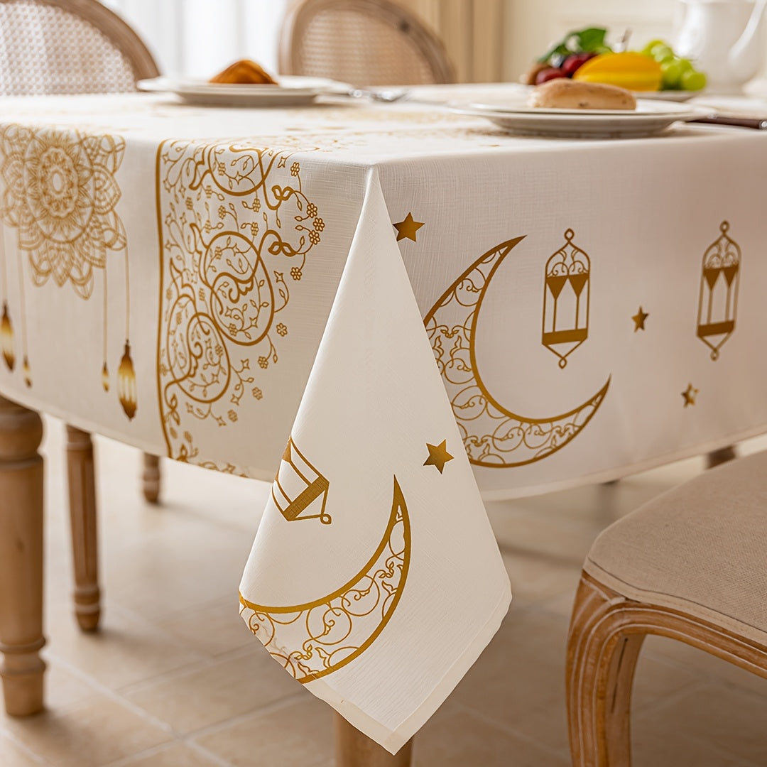 1pc Bohemian Geometric Beige Ramadan Tablecloth, with Golden Moon and Stars Pattern, Washable Rectangular Tablecloth, Suitable for Dinner Party, Table, Party, Festival Celebration Decoration, Eid Decoration, Gift