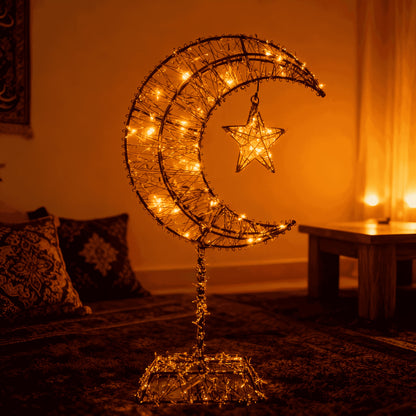 1pc Ramadan Decoration Featuring a Large Moon and Stars, Equipped with 20 LED Lights, Battery-powered, with a Metal Cutout Design. Easy-to-install Ramadan Ornament, Suitable for Festive and Celebratory Home Decor. Requires 2
