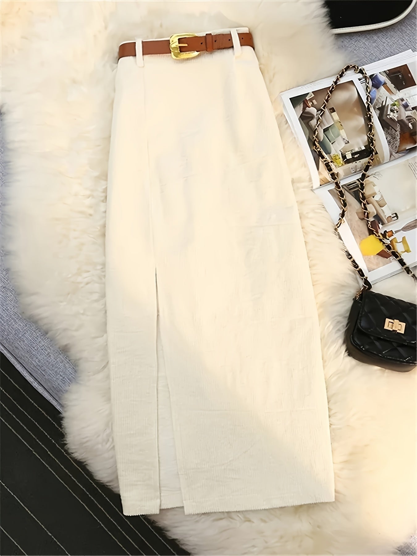 Women’s 3-Piece High-Waisted Ribbed Skirt Set – Black, Beige & Light Brown Long Skirts with Golden Belt Accents for Casual or Dressy All-Season Wear