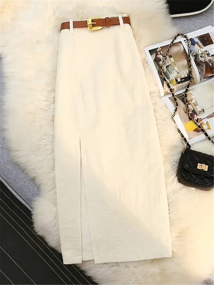 Women’s 3-Piece High-Waisted Ribbed Skirt Set – Black, Beige & Light Brown Long Skirts with Golden Belt Accents for Casual or Dressy All-Season Wear