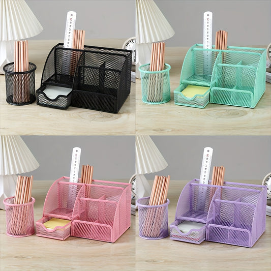 2-Piece Mesh Desk Organizer Set with Sticky Note Holder – Expandable Rustproof Iron Caddy for Home, Office & School Supplies (Black, Green, Pink, Purple)