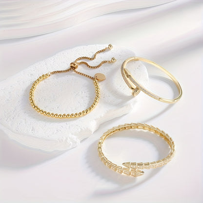 Exquisite Luxury Women'S Jewelry Set of 3, Elegant Style with Copper Plated Golden Inlaid Synthetic Zirconia Design Featuring Snake-Shaped Open Bracelet, Nail-Shaped Bracelet, and Round Bead Bracelet Suitable for Daily Wear a