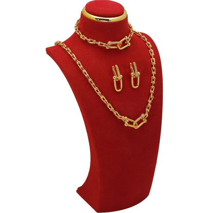 Women’s Elegant Interlocking Micro-Inlay Jewelry Set – Earrings, Necklace & Bracelet with Chain Design, Light Luxury Style for Weddings & Valentine’s Day