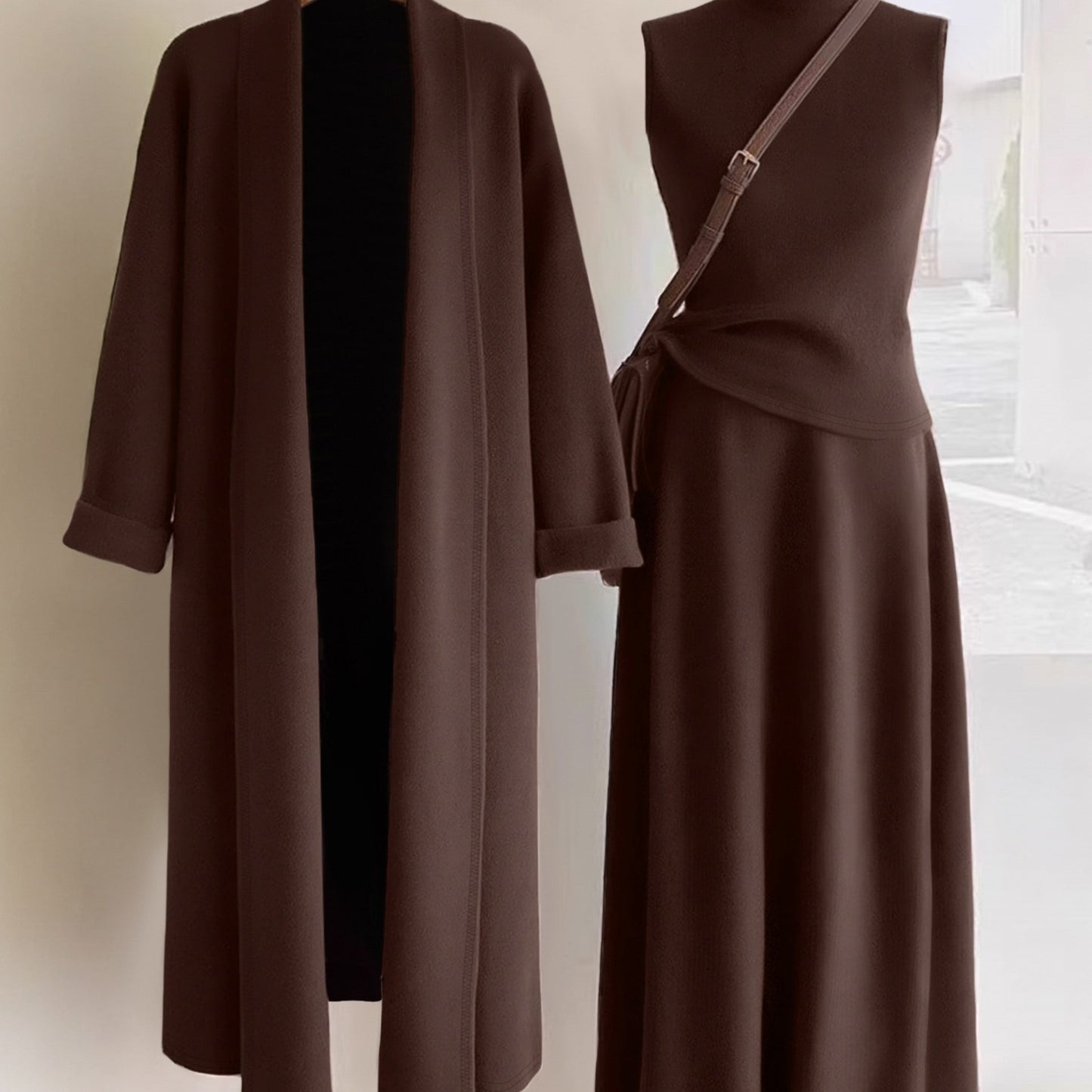 Women’s Elegant 3-Piece Outfit Set – Long Cardigan Jacket, High-Neck Vest & Skirt, Solid Color Chic Ensemble for Casual or Formal Events