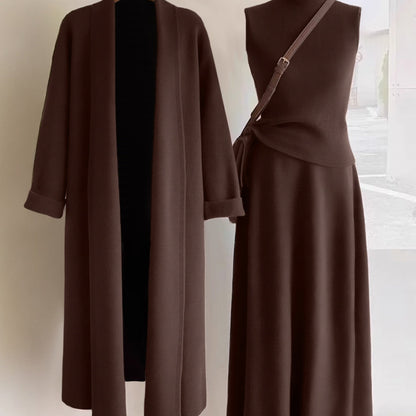 Women’s Elegant 3-Piece Outfit Set – Long Cardigan Jacket, High-Neck Vest & Skirt, Solid Color Chic Ensemble for Casual or Formal Events